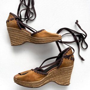 Nine West Chalaer Leather Wedge Peep Toe Leg Wrap Sandals ( 8.5 )